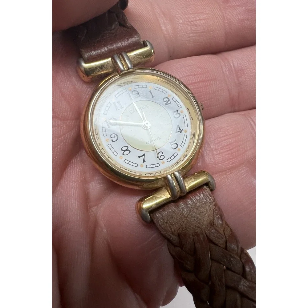 Vintage Timex Carriage Womens Watch 26mm Gold Case Brown Braided Leather W7